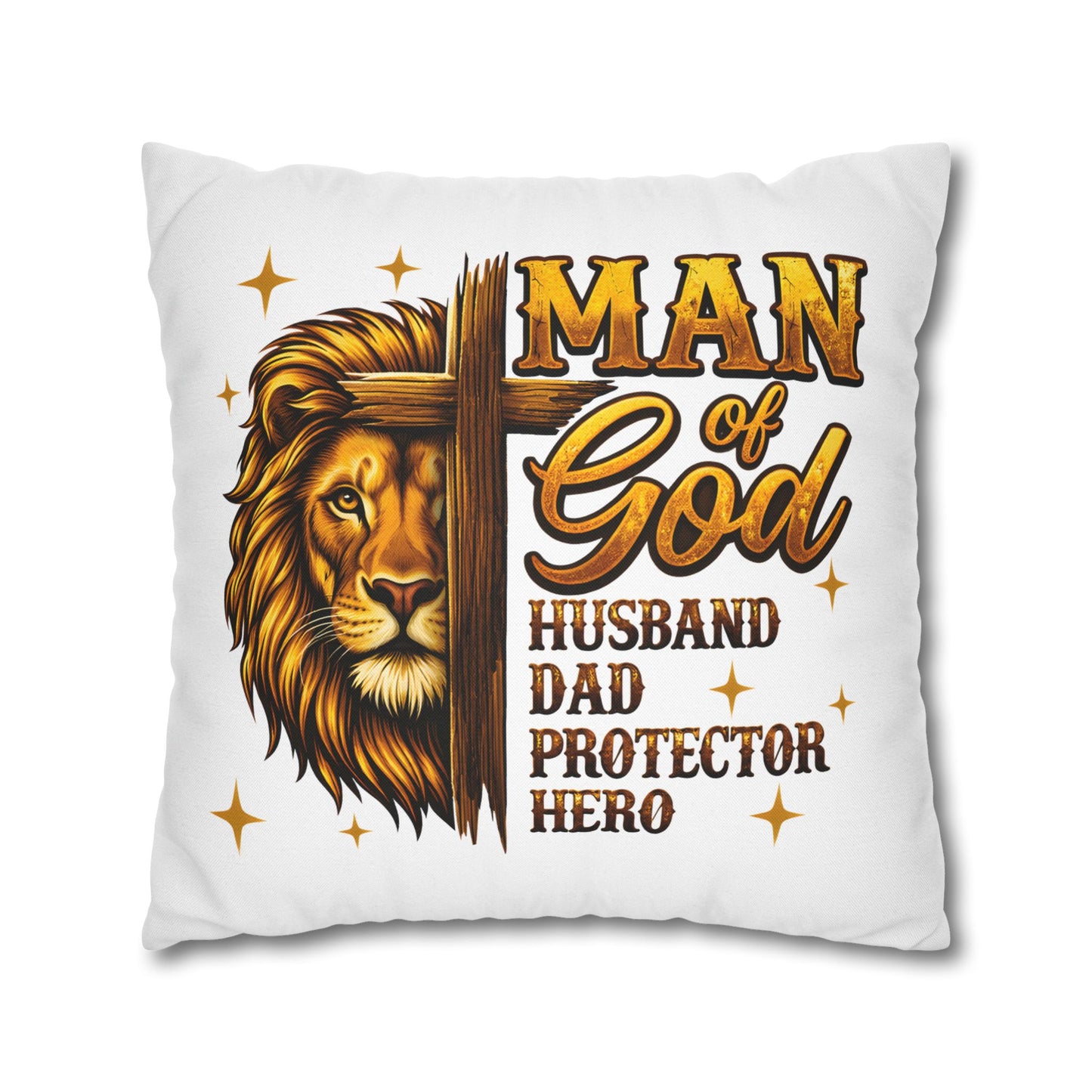 Christian Lion Cross Pillow — "Man of God" Husband Dad Protector Hero Throw Pillowcase
