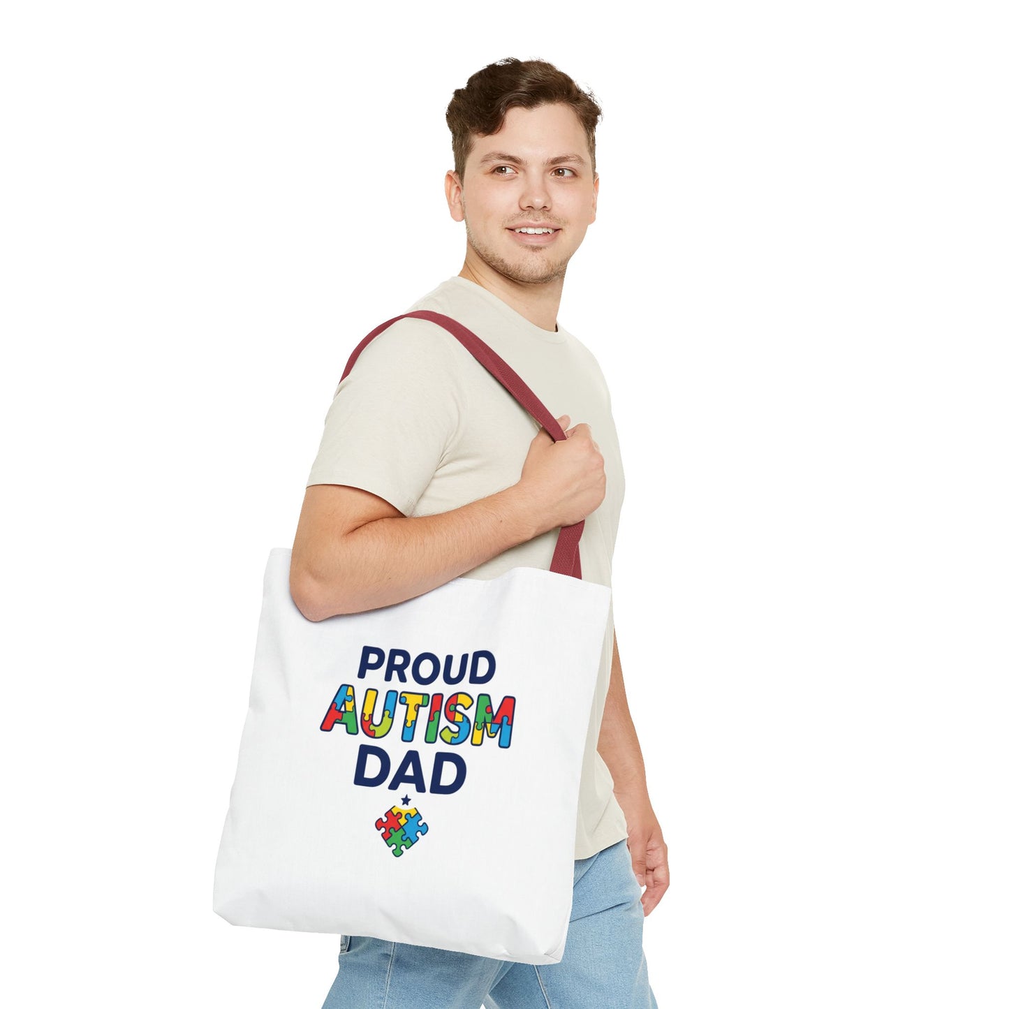 Proud Autism Dad Tote Bag — Colorful Puzzle-Heart Support Gift