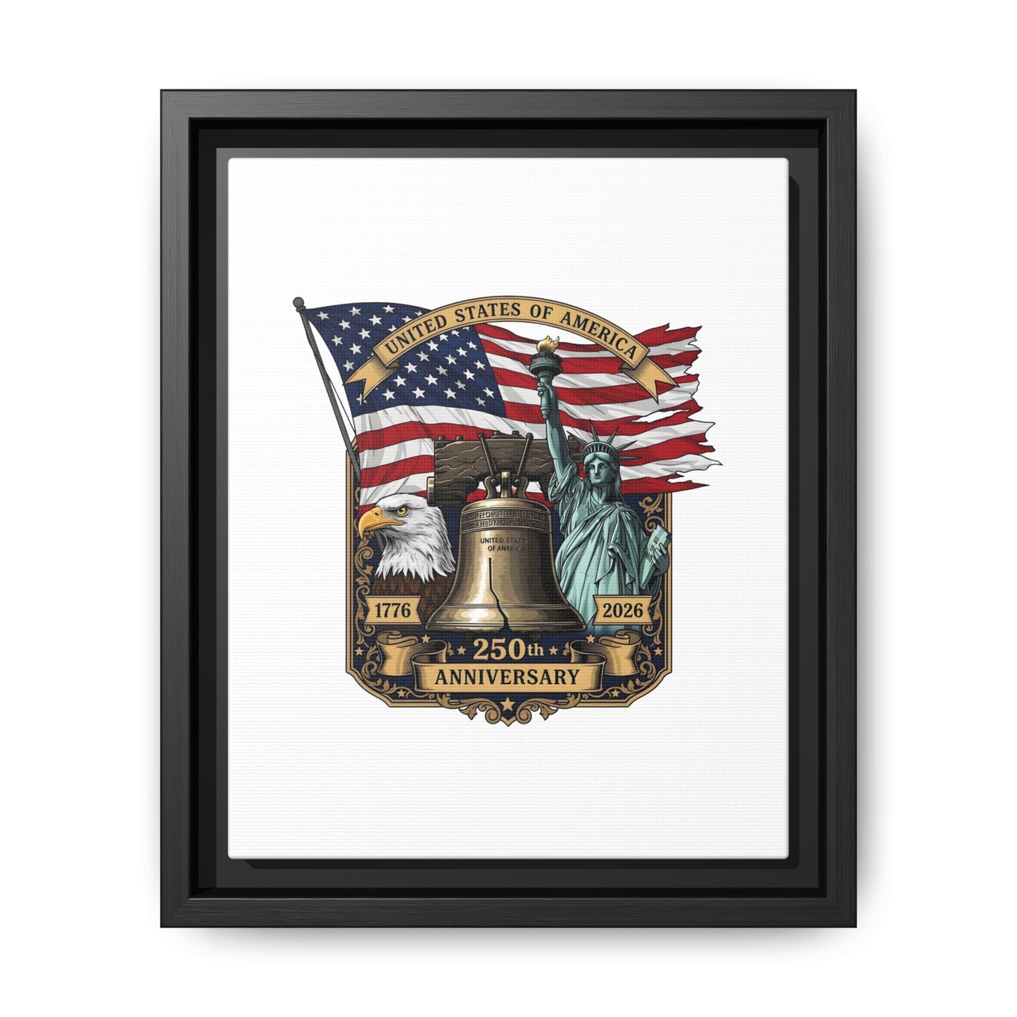 Liberty 250th Anniversary Framed Canvas Print — American Flag, Statue of Liberty & Liberty Bell Art