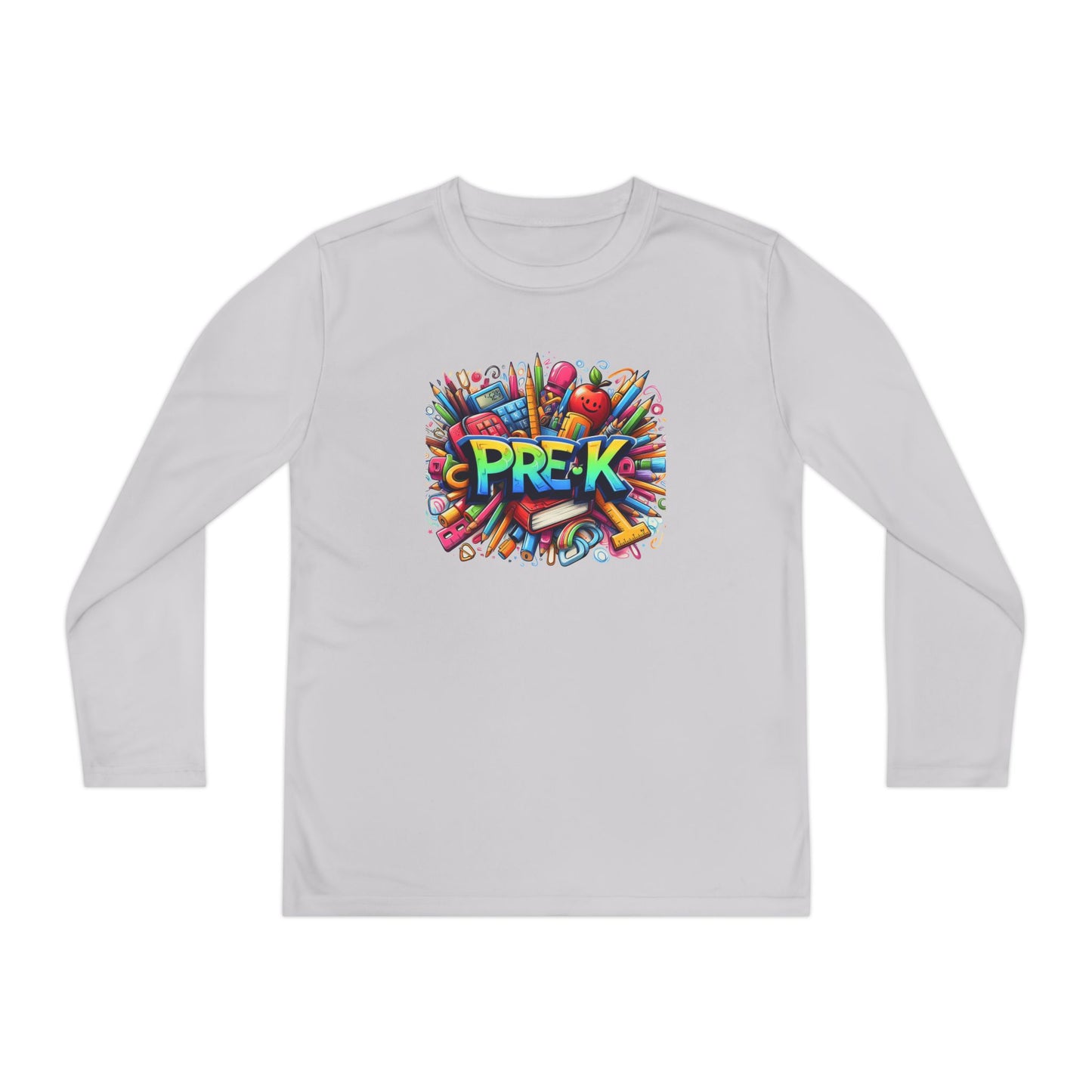 PRE-K Youth Long Sleeve Tee — Colorful School Supplies Design