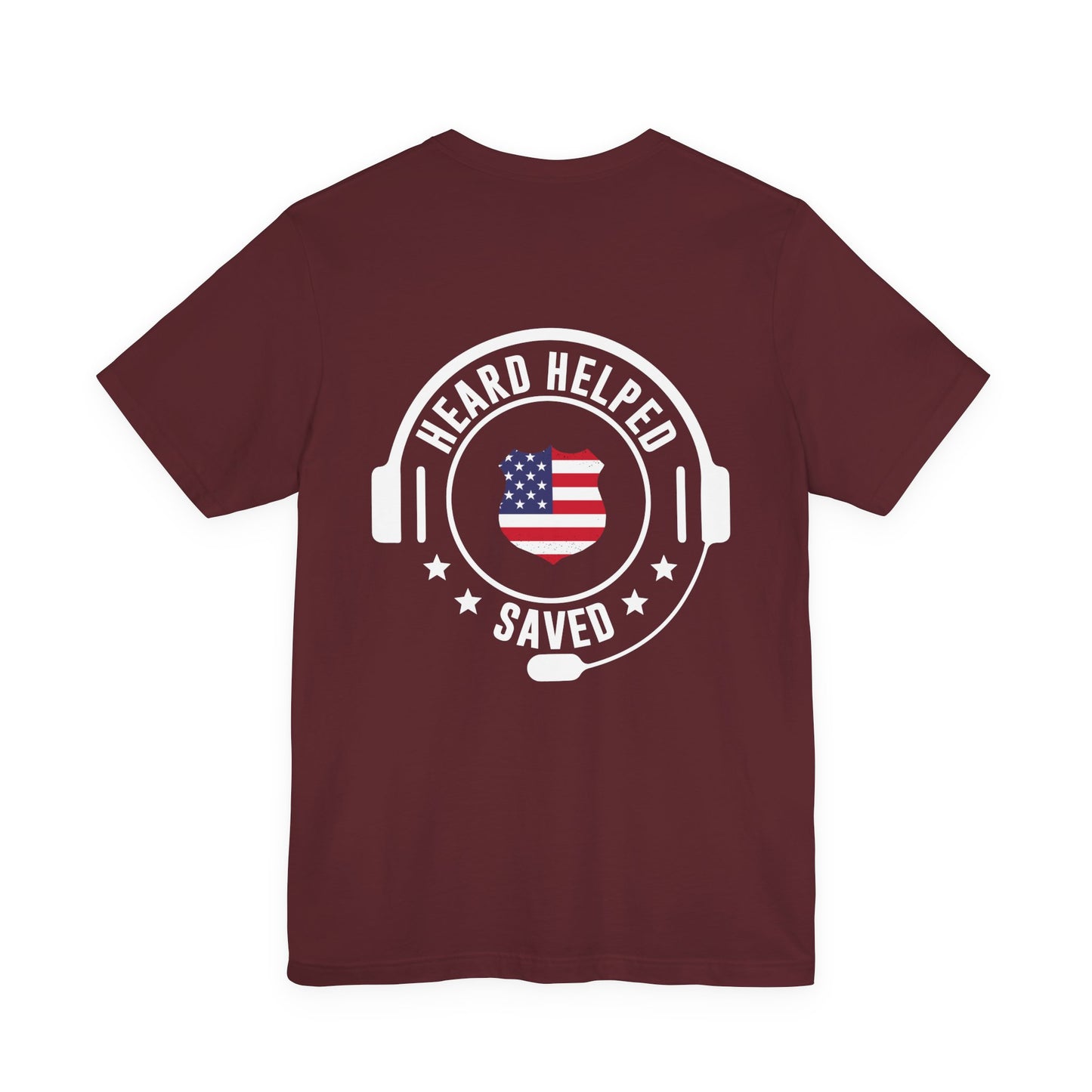 Headset Logo T-Shirt — "Heard Helped Saved" American Flag Design