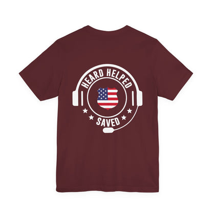 Headset Logo T-Shirt — "Heard Helped Saved" American Flag Design