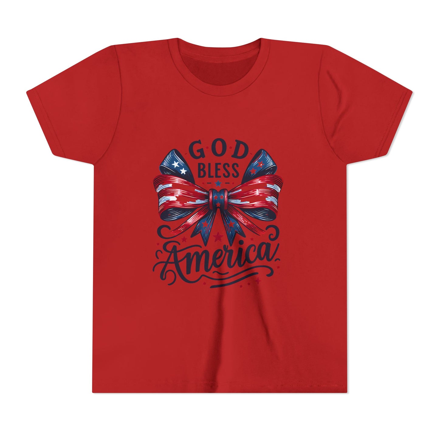 Youth Tee — "God Bless America" Patriotic Bow T-Shirt (4th of July, Memorial Day)