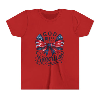 Youth Tee — "God Bless America" Patriotic Bow T-Shirt (4th of July, Memorial Day)