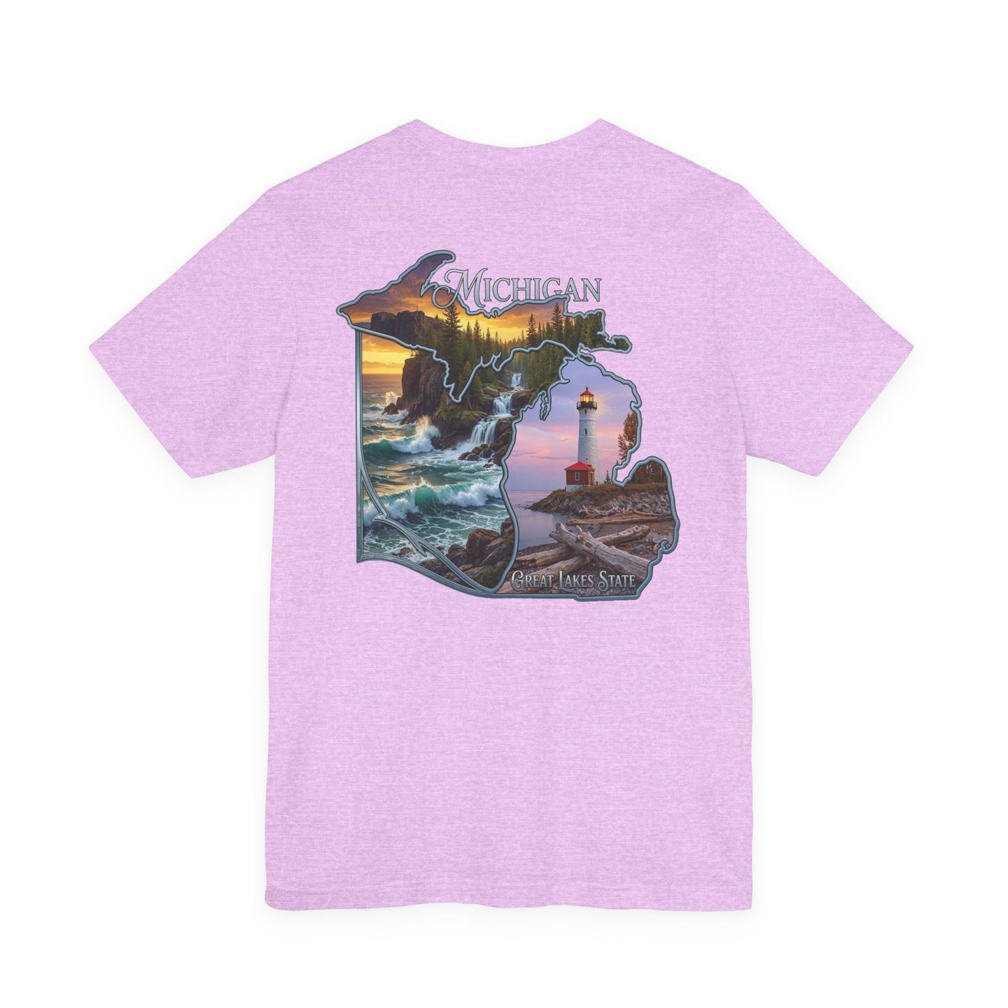 Michigan Scenic Map T-Shirt — Great Lakes Lighthouse Sunset Tee
