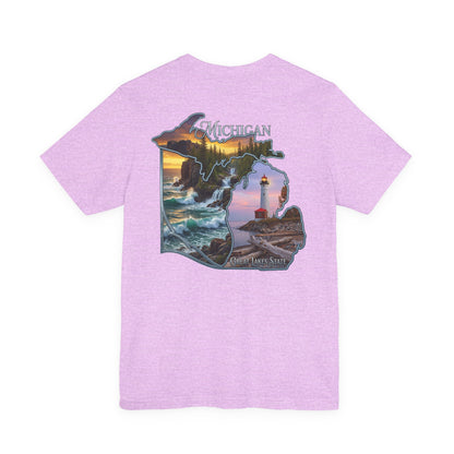 Michigan Scenic Map T-Shirt — Great Lakes Lighthouse Sunset Tee