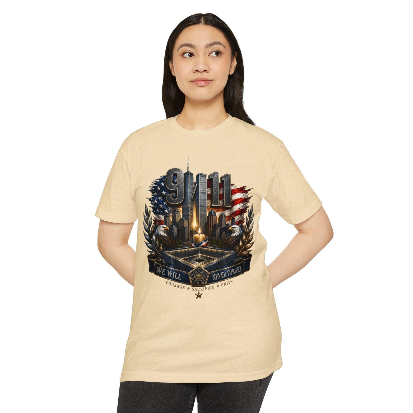 9/11 Never Forget Memorial T-Shirt — Tribute American Flag Skyline Tee