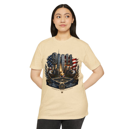 9/11 Never Forget Memorial T-Shirt — Tribute American Flag Skyline Tee