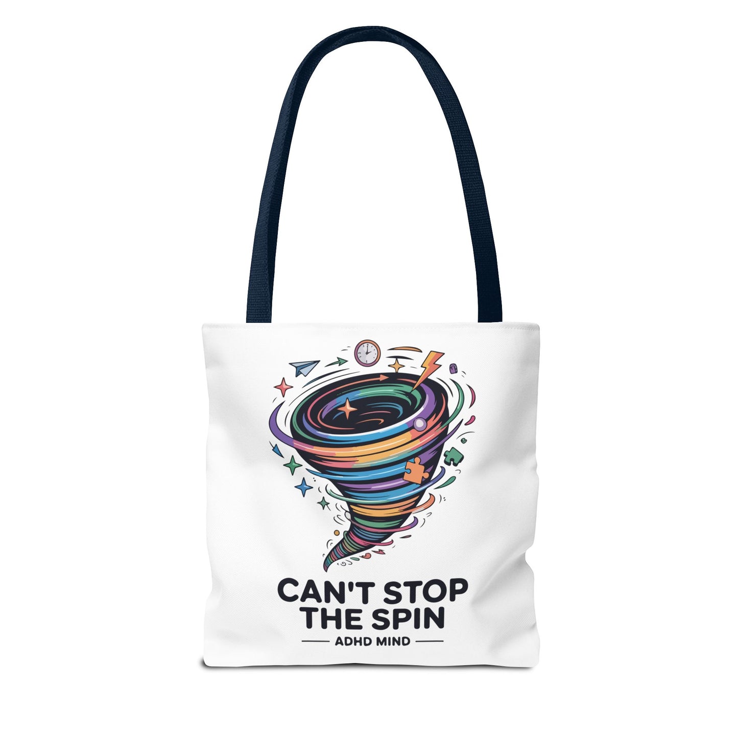 Tote Bag — “Can’t Stop The Spin” ADHD Mind Colorful Tornado Tote
