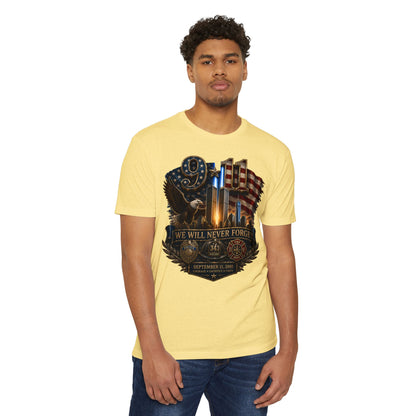 9/11 Memorial T-Shirt — "We Will Never Forget" Patriotic Tribute