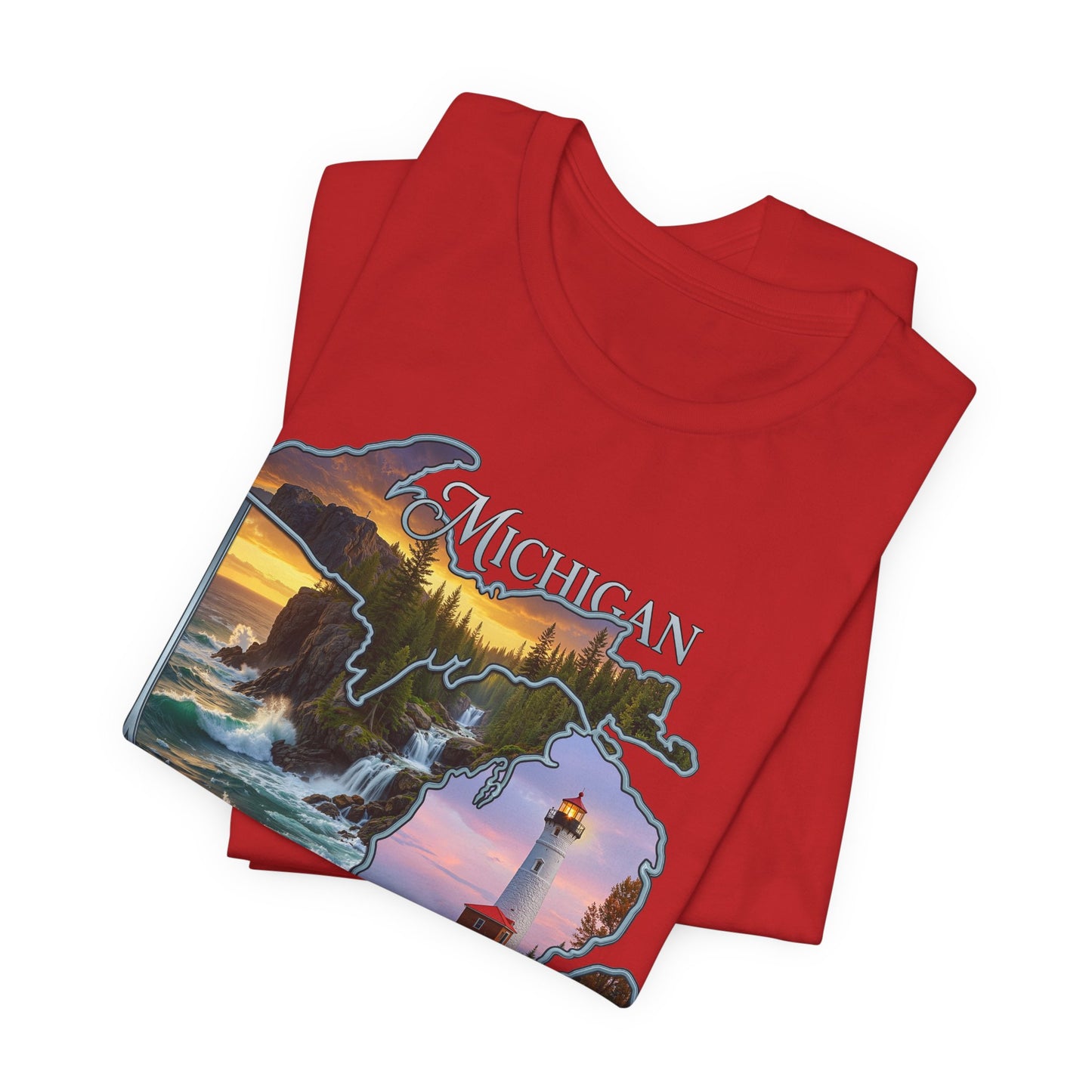 Michigan Scenic Map T-Shirt — Great Lakes Lighthouse Sunset Tee