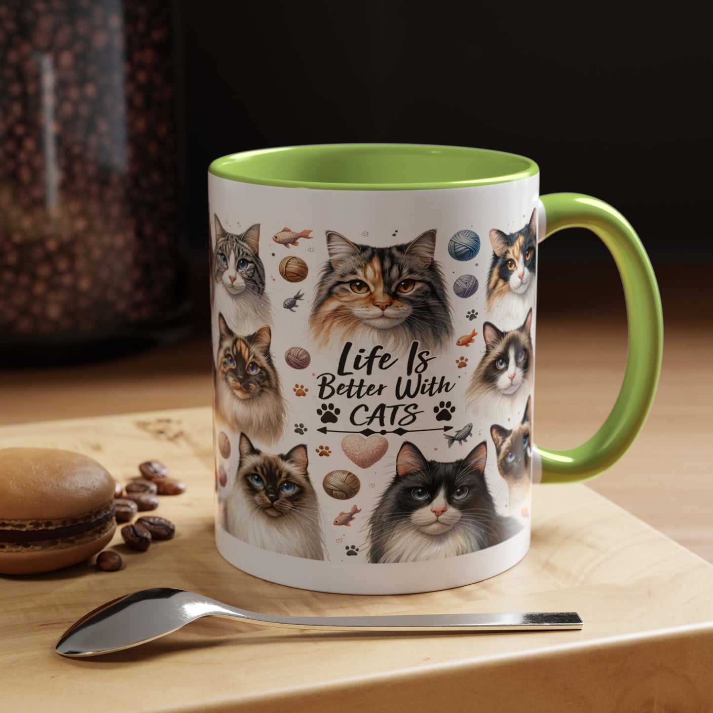 Life Is Better With Cats Accent Coffee Mug — Cat Lover Ceramic Mug (11/15oz)