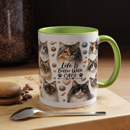 Life Is Better With Cats Accent Coffee Mug — Cat Lover Ceramic Mug (11/15oz)
