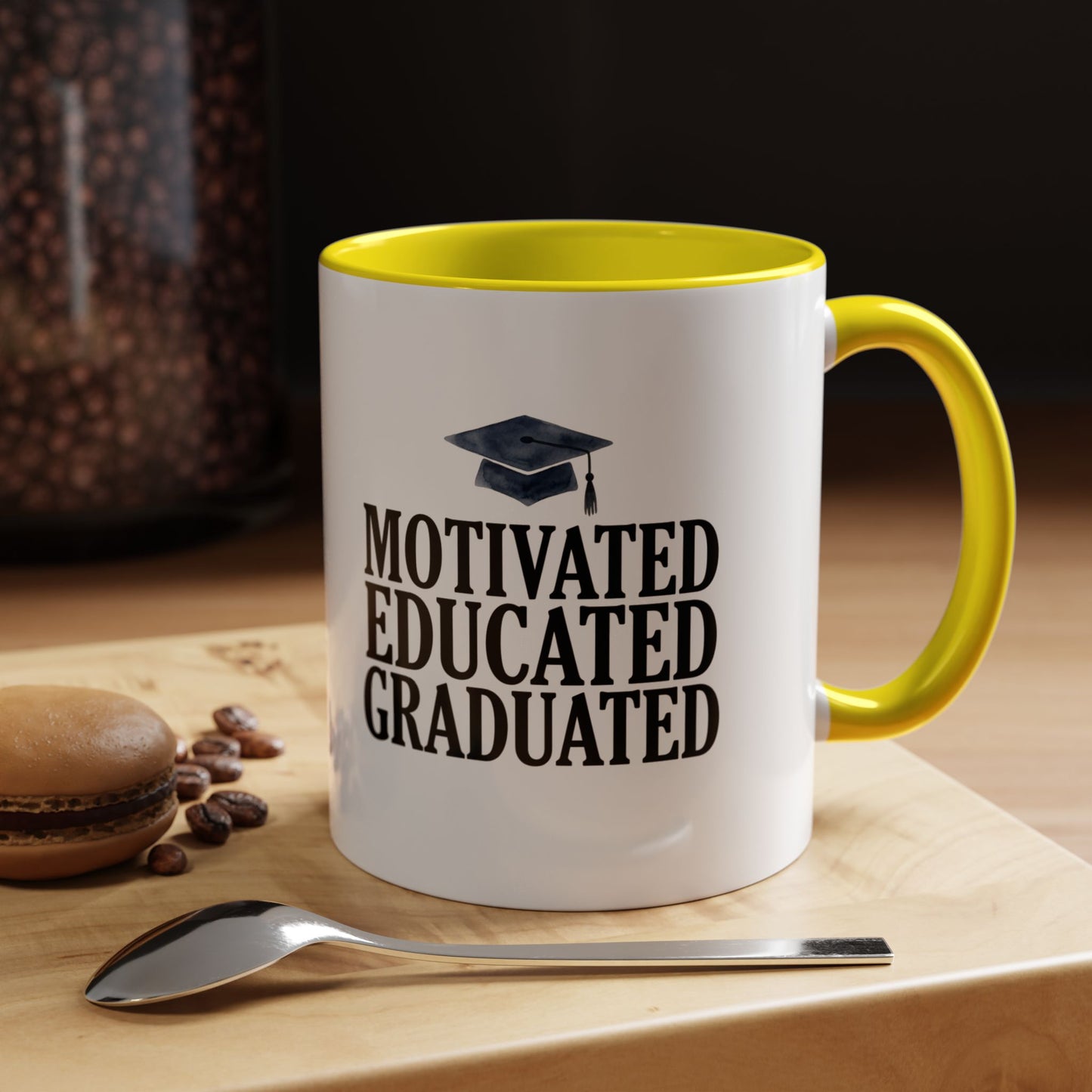 Graduation Coffee Mug – "Motivated Educated Graduated" Accent Ceramic Mug