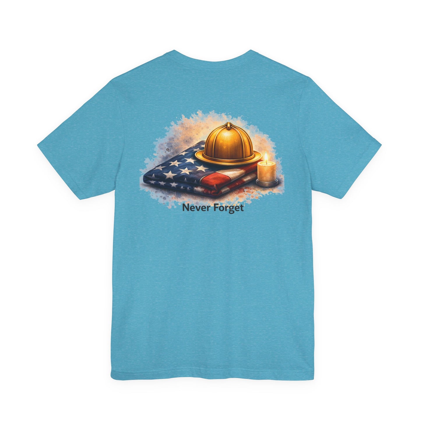 Never Forget Memorial T‑Shirt — Firefighter Helmet & Flag Tribute
