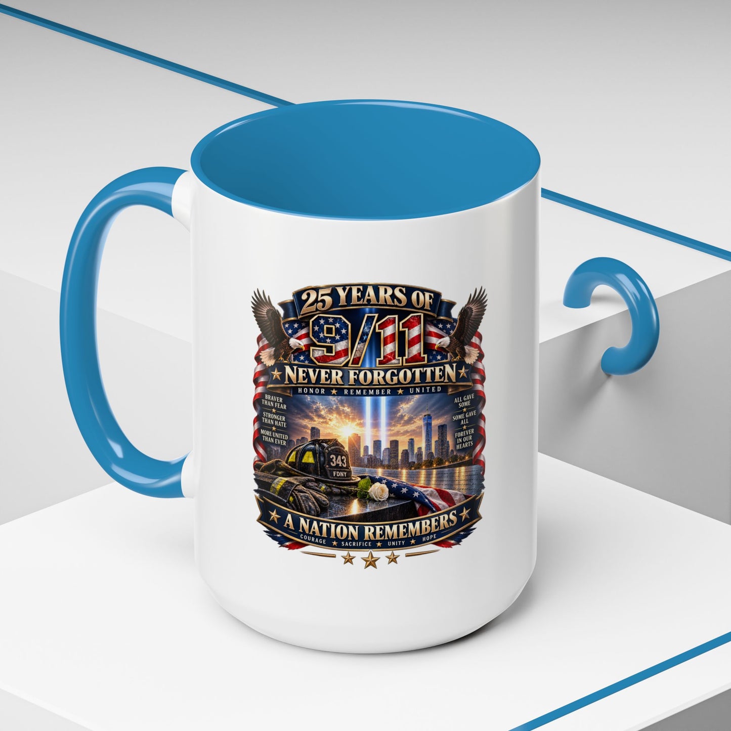 9/11 Memorial Coffee Mug — "25 Years of Never Forgotten" Patriot Tribute