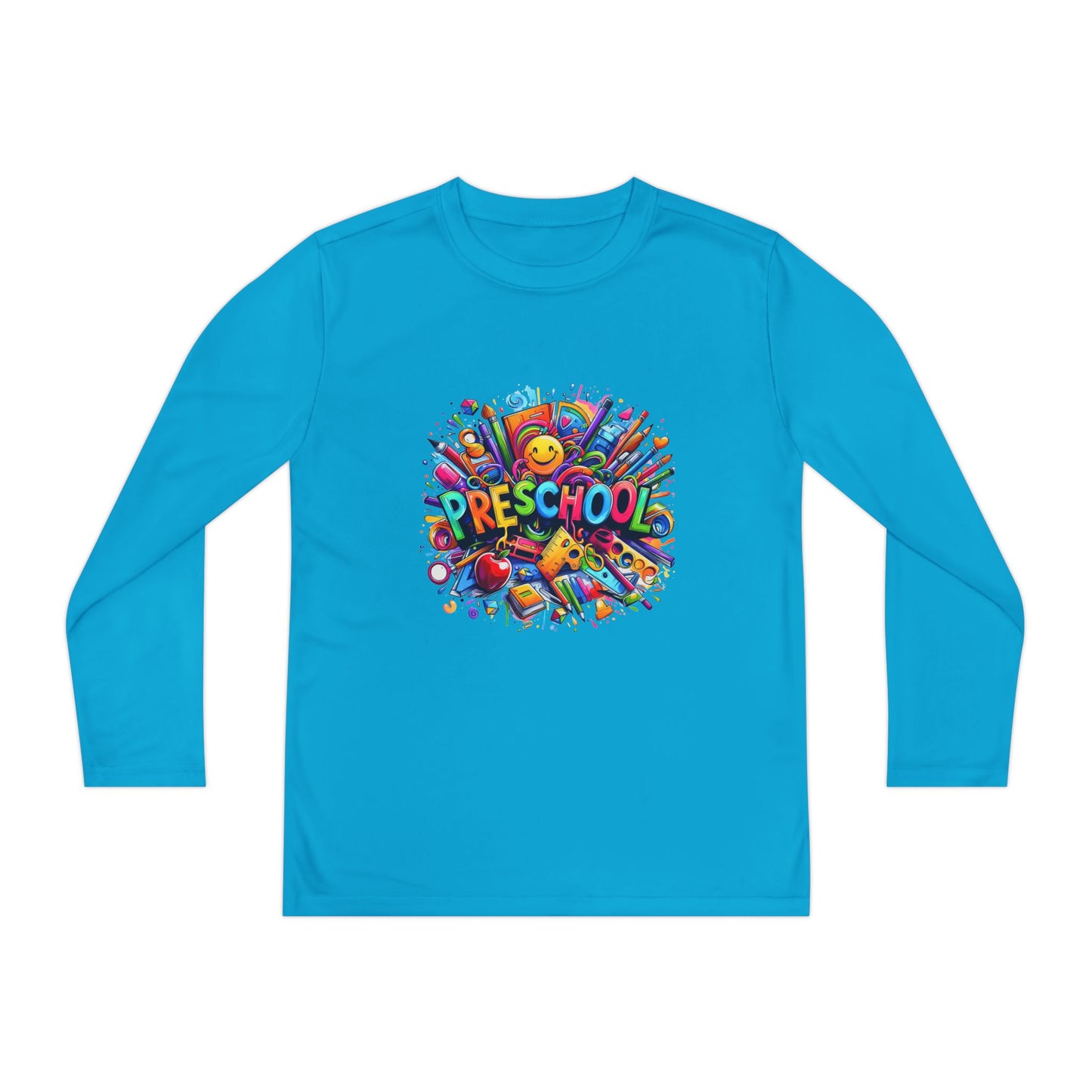 Youth Preschool Long Sleeve Tee - Colorful School Supplies Design