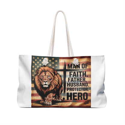 Weekender Bag - 'Man of Faith' Lion Patriotic Travel Tote (Father/Husband Hero Gift)