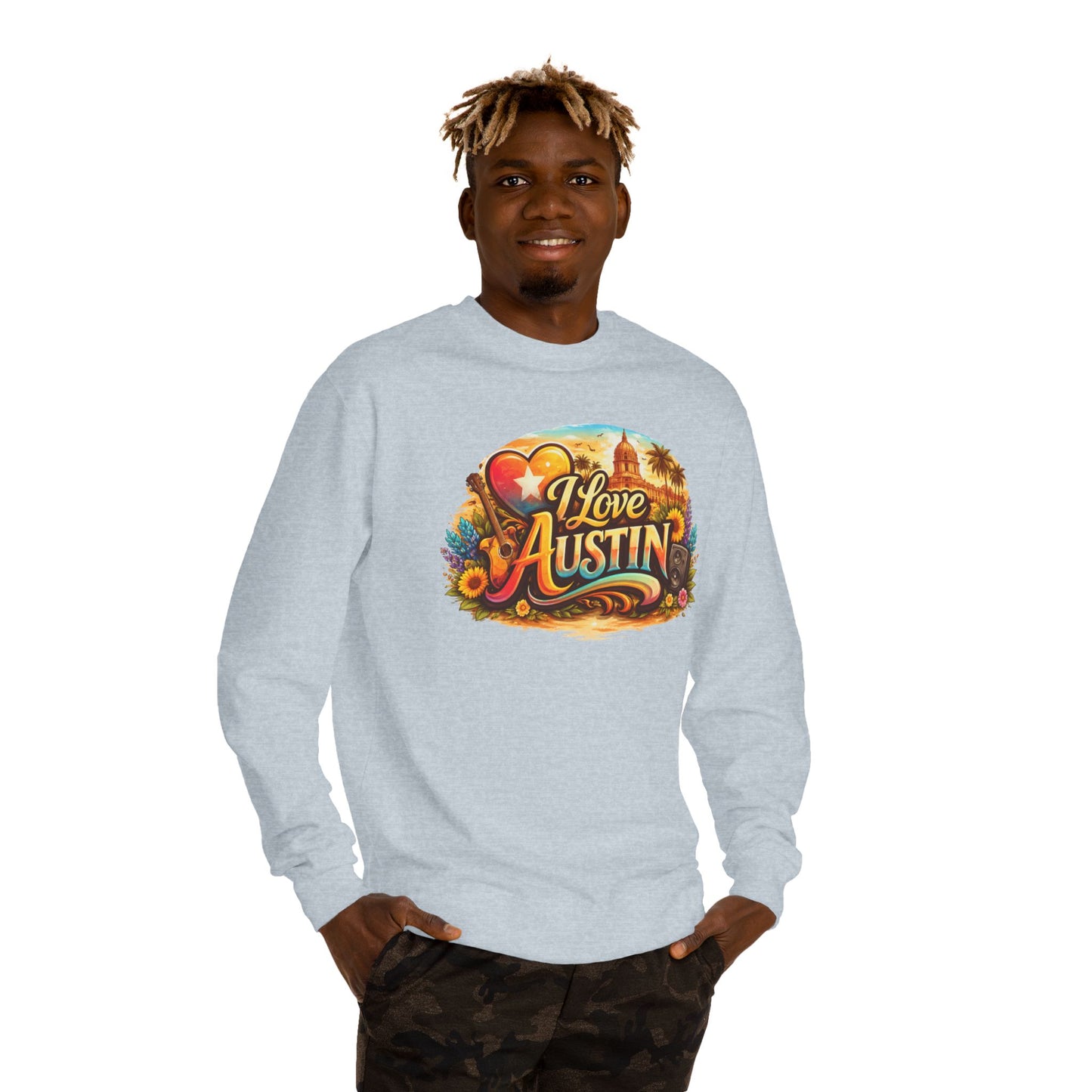 I Love Austin Crewneck Sweatshirt – Retro Texas Cityscape Pullover