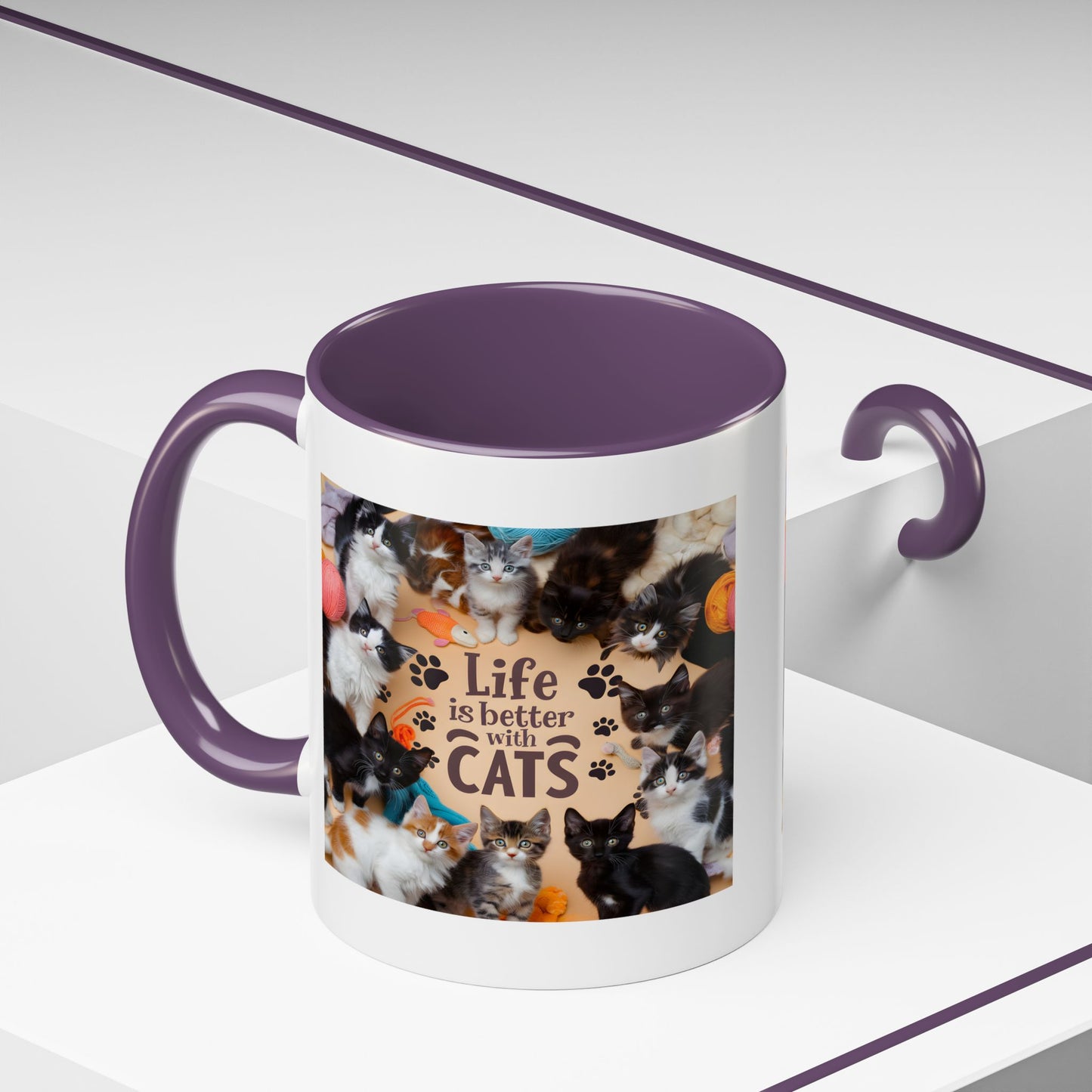 Cat Lover Accent Coffee Mug — “Life Is Better With Cats” 11/15oz