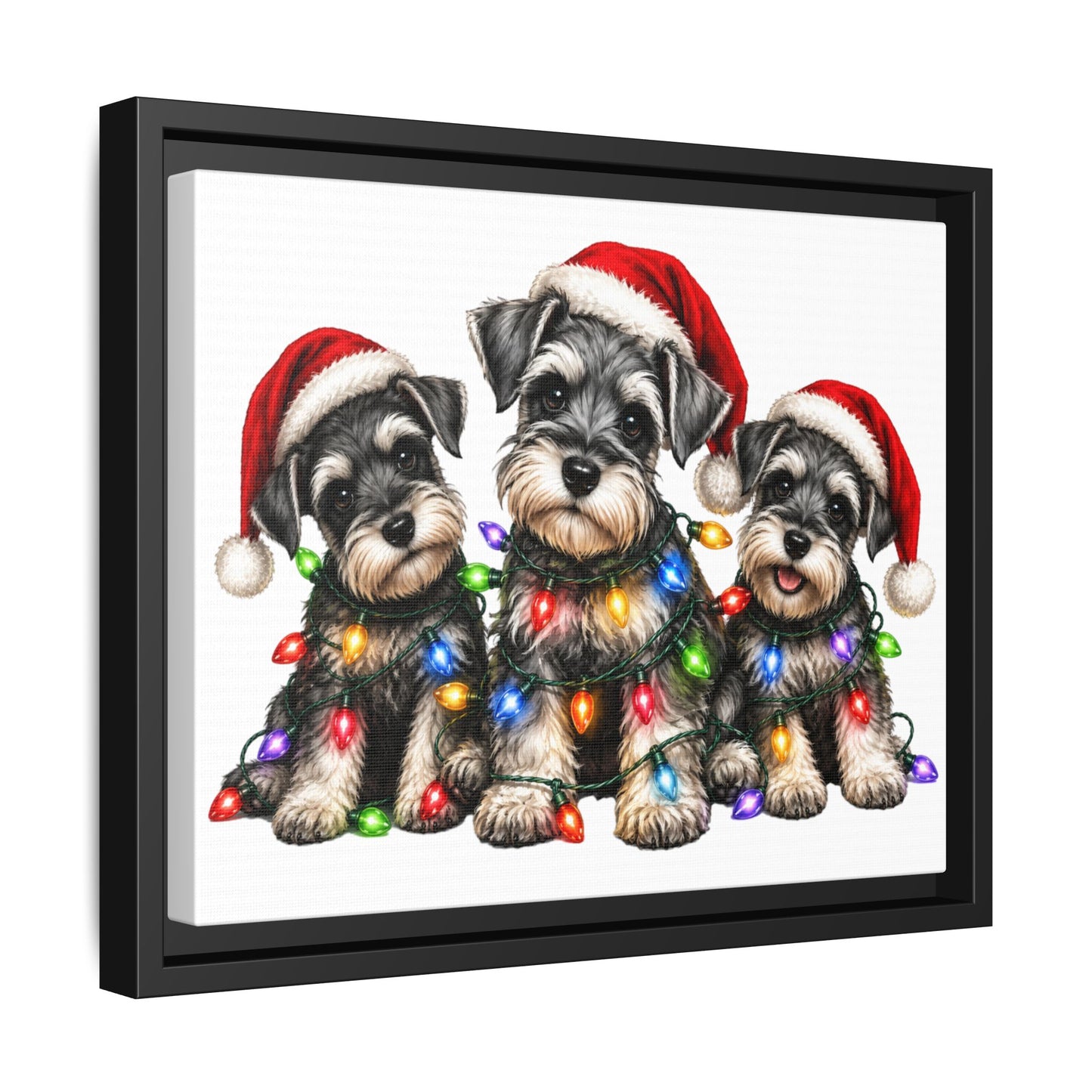 Christmas Schnauzer Canvas Print — Festive Puppies in Santa Hats (Matte Framed)