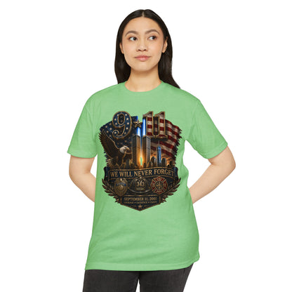 9/11 Memorial T-Shirt — "We Will Never Forget" Patriotic Tribute