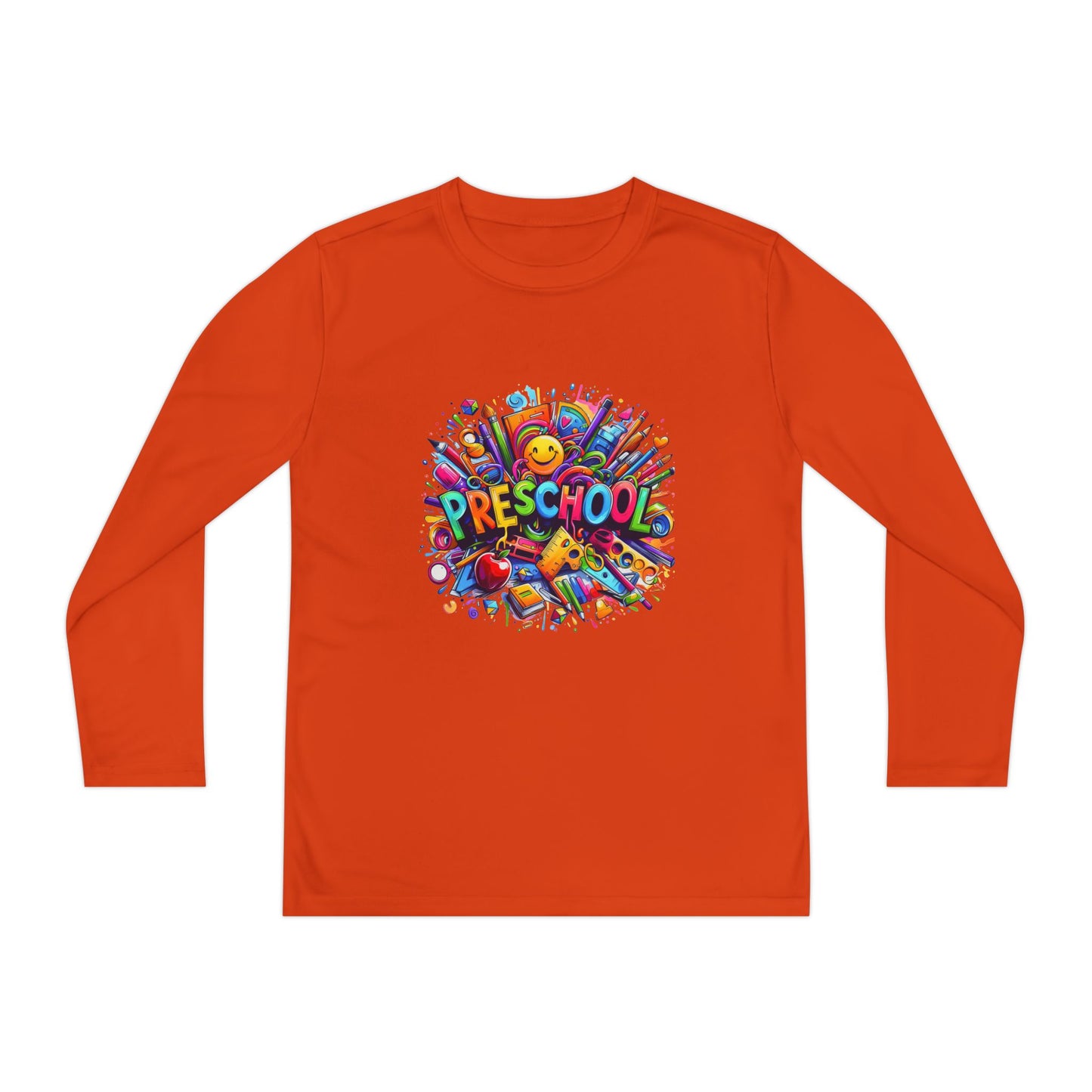 Youth Preschool Long Sleeve Tee - Colorful School Supplies Design