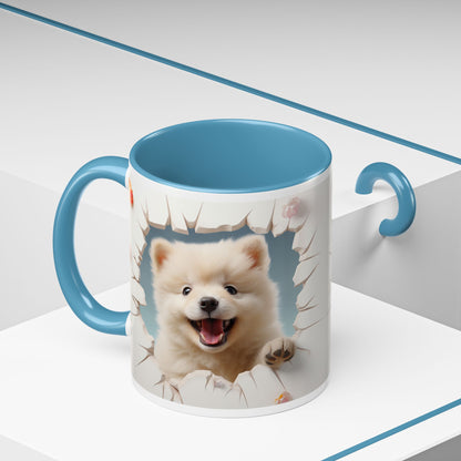 Pomeranian Peek Accent Coffee Mug — Cute Puppy Breakthrough Design (11/15 oz)
