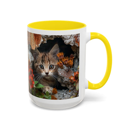 Cute Kitten Peek Accent Coffee Mug — Tabby Cat Floral 11/15oz
