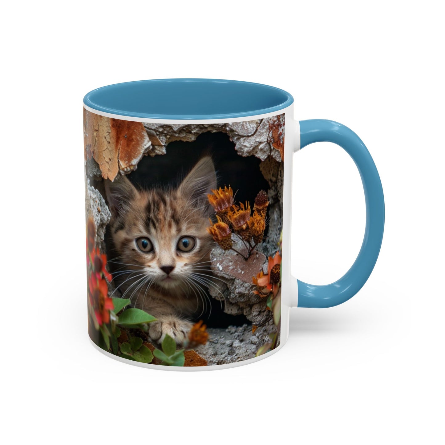 Cute Kitten Peek Accent Coffee Mug — Tabby Cat Floral 11/15oz