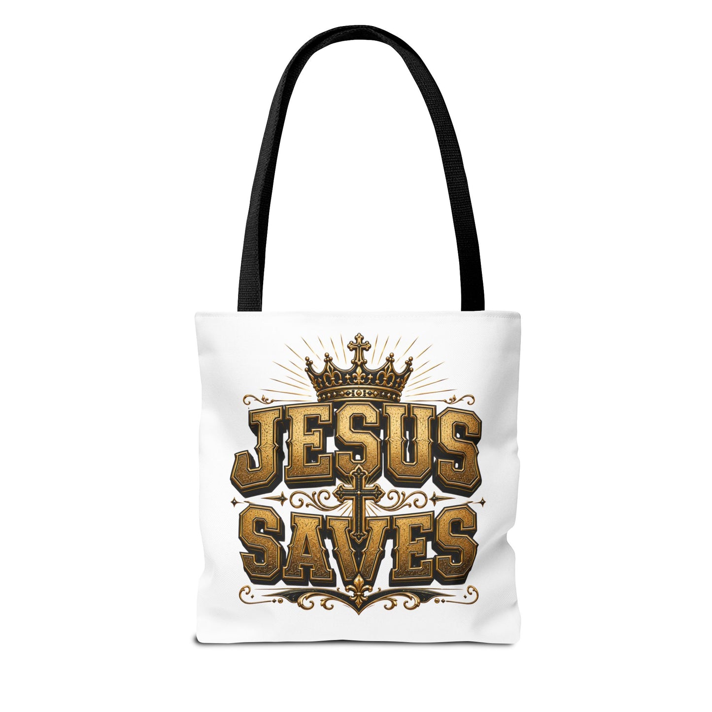 Jesus Saves Tote Bag — Christian Gospel Canvas Carryall with Crown & Cross Design