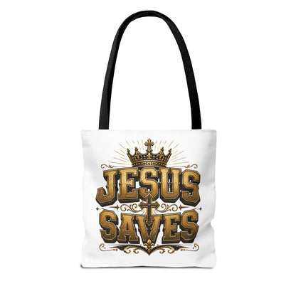 Jesus Saves Tote Bag — Christian Gospel Canvas Carryall with Crown & Cross Design