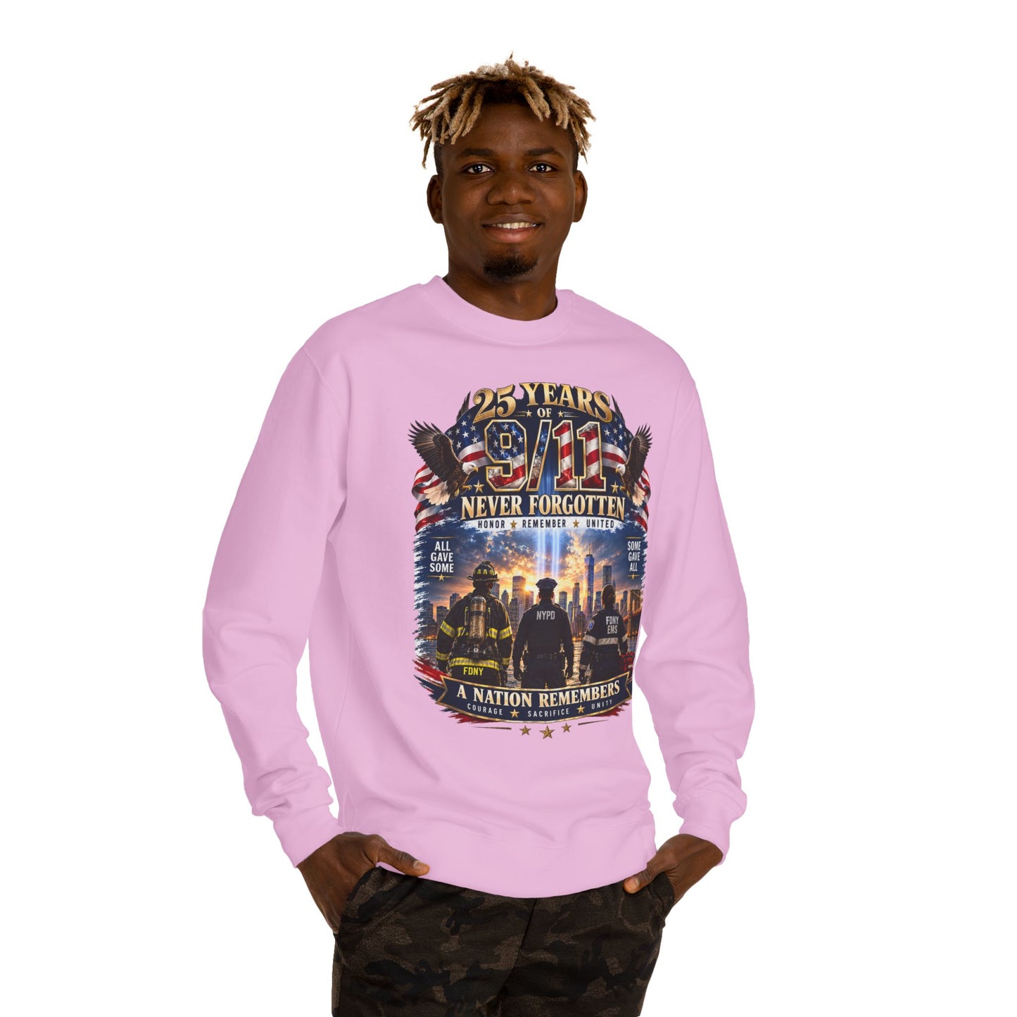 9/11 Never Forgotten Crewneck Sweatshirt — 25 Years Memorial Tribute