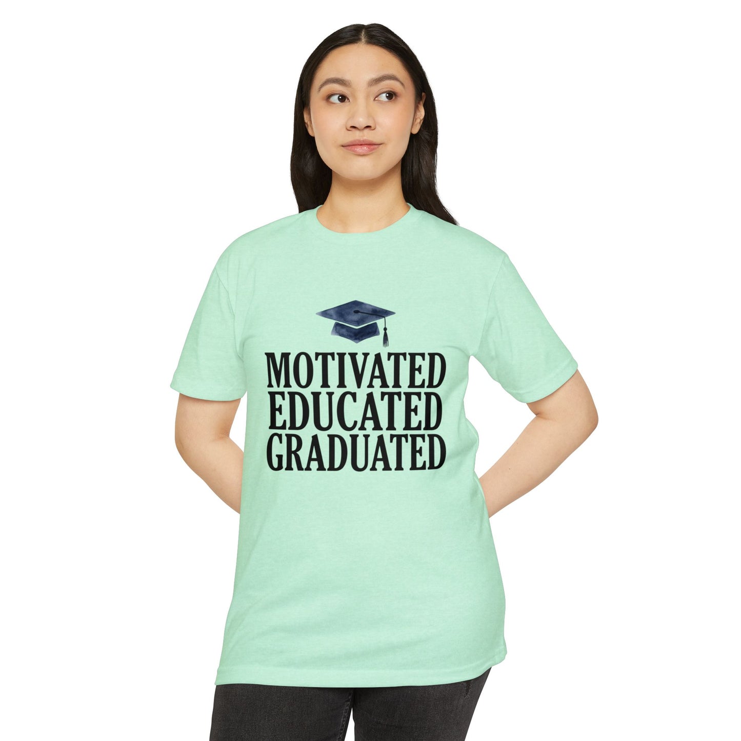 Graduation Tee — "Motivated Educated Graduated" Cap Design