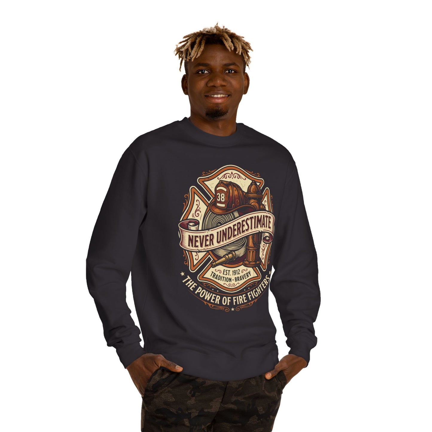 Firefighter Crewneck Sweatshirt — "Never Underestimate" Vintage Firefighter Badge