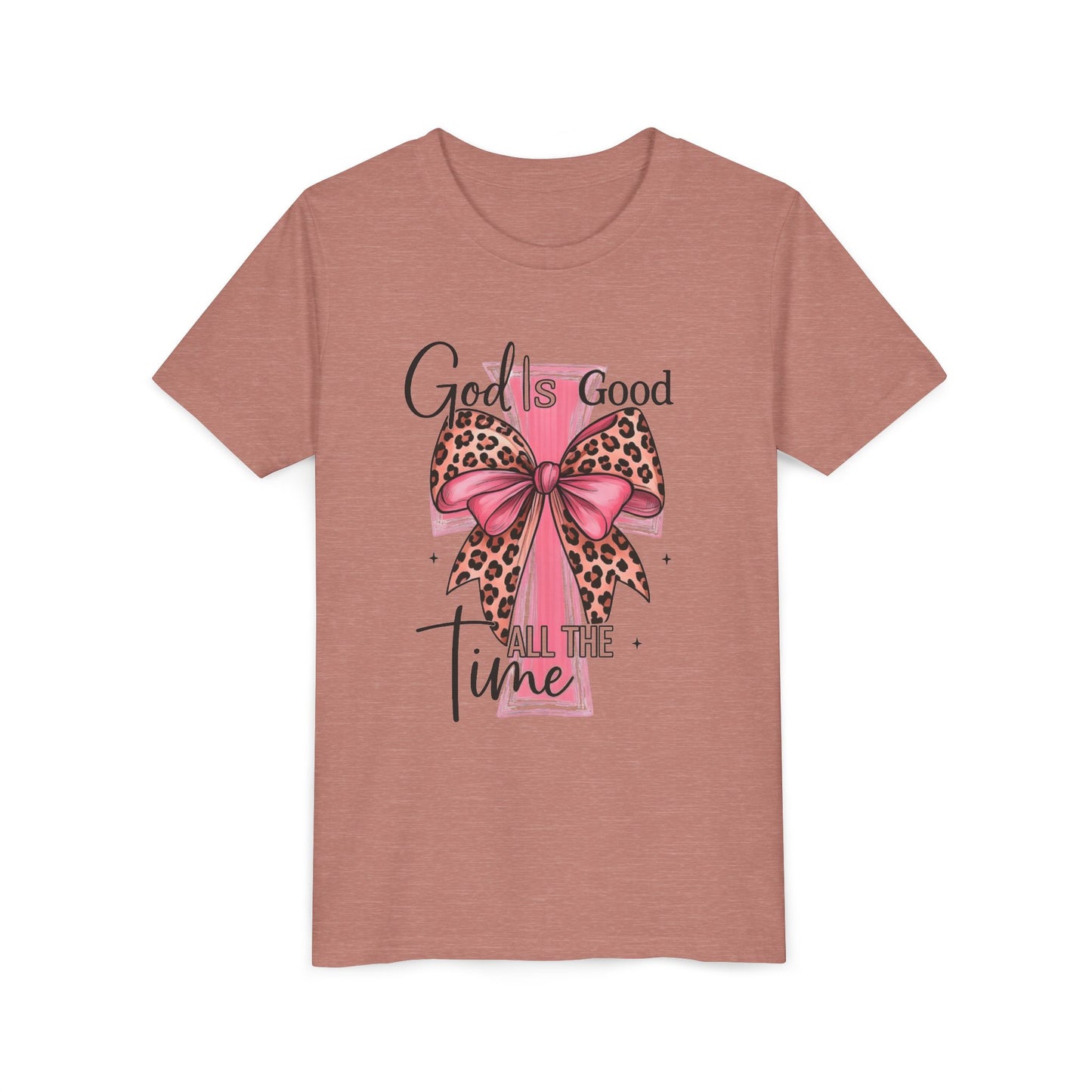 Youth Tee — "God is Good All the Time" Pink Cross with Leopard Bow