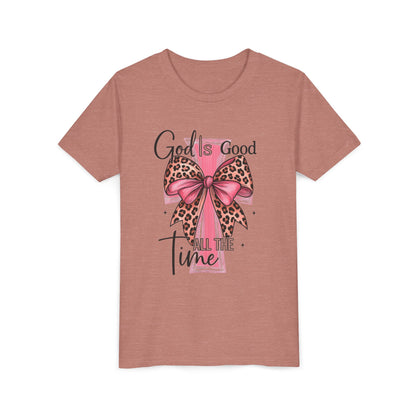 Youth Tee — "God is Good All the Time" Pink Cross with Leopard Bow