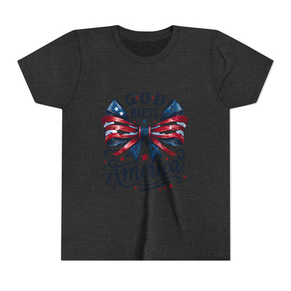 Youth Tee — "God Bless America" Patriotic Bow T-Shirt (4th of July, Memorial Day)