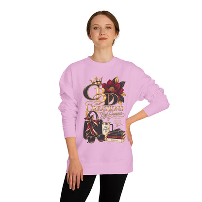 Crewneck Sweatshirt — CBD Creations Boutique Logo Graphic (Crown, Flowers, Books & Coffee)