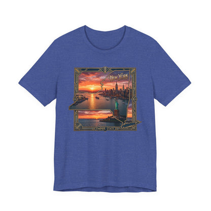 New York Sunset Skyline Tee — Statue of Liberty Vintage Travel T‑Shirt