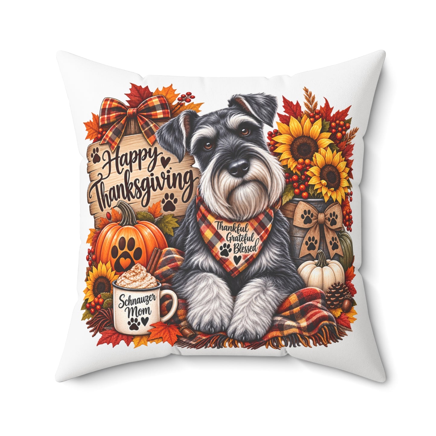 Happy Thanksgiving Schnauzer Pillow — Fall Decor Square Cushion