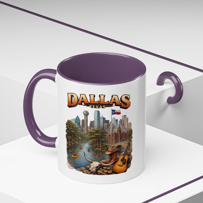 Dallas Skyline Accent Coffee Mug — Texas Souvenir Mug with Guitar & Cityscape