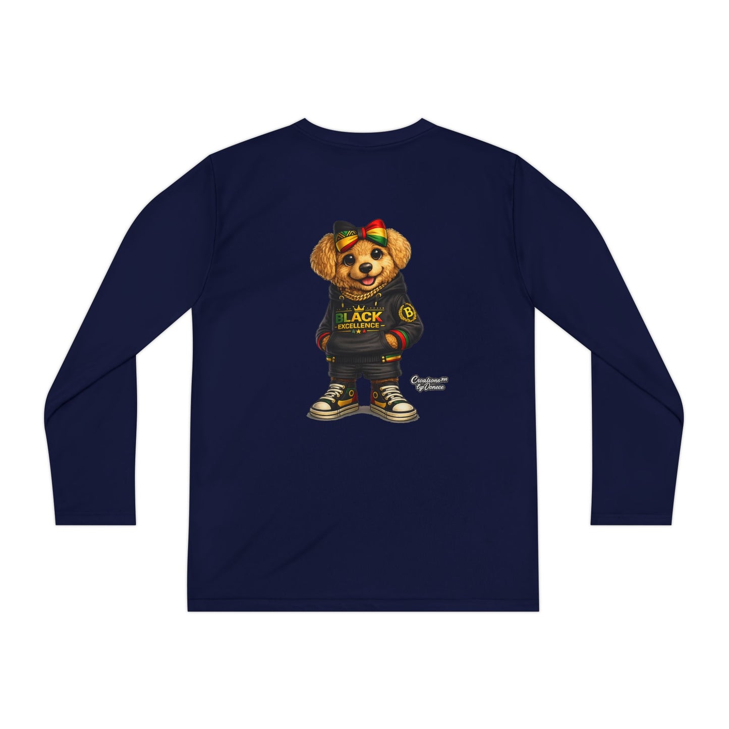 Youth Long Sleeve Tee — Trendy Bear Graphic "Black Excellence"