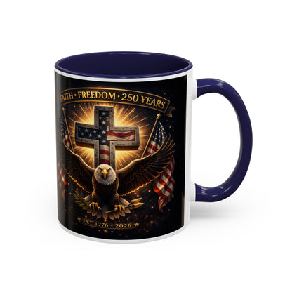 Patriotic Faith & Freedom Accent Coffee Mug — Eagle, Cross & American Flag (1776–2026)