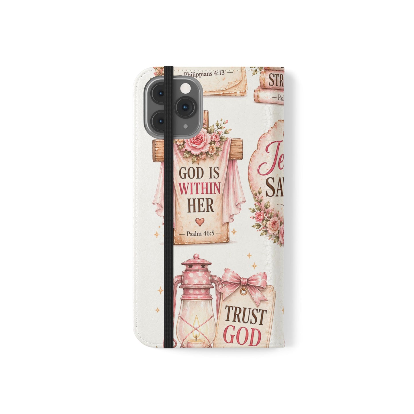 Christian Floral Phone Flip Case — "Jesus Saves" & Inspirational Scripture Wallet Cover