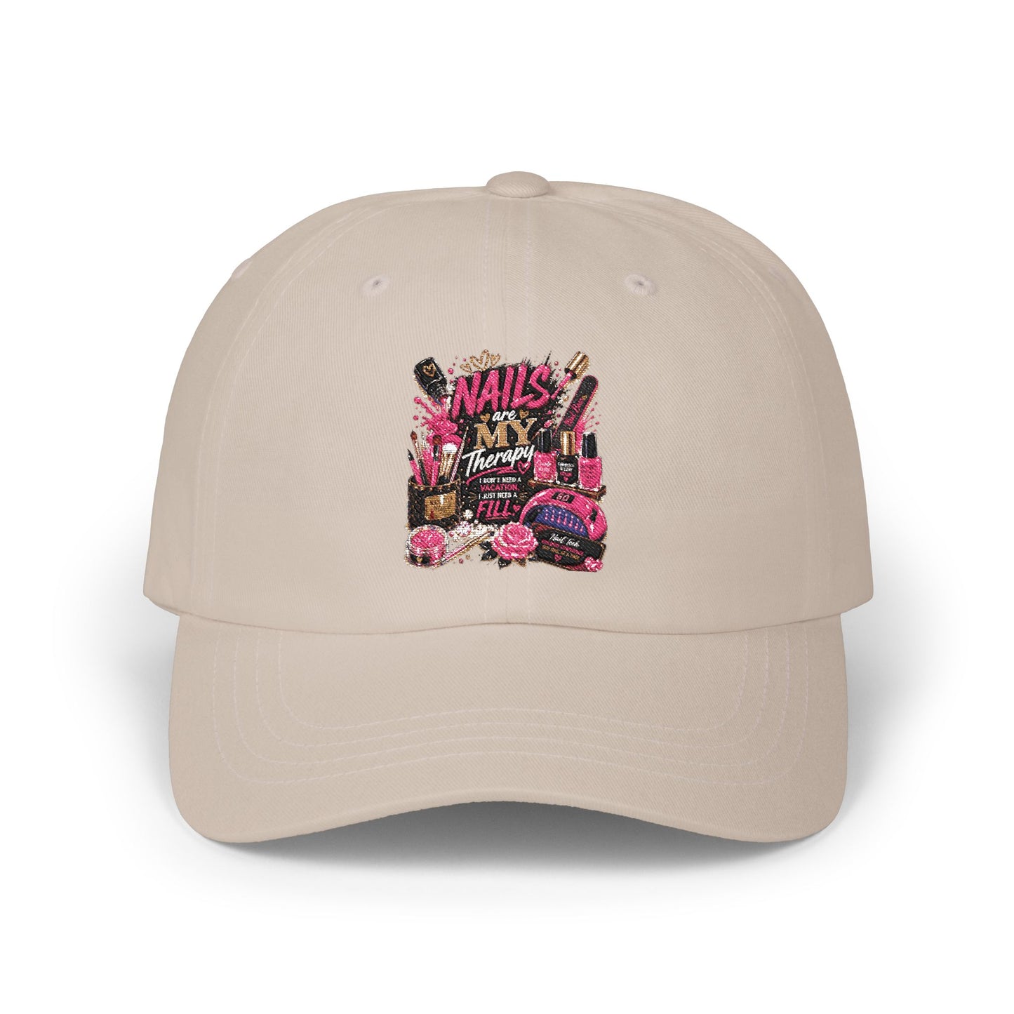 Baseball Cap — 'Nails, Bangs, & Beauty' Pink Cosmetics Embroidered Dad Hat