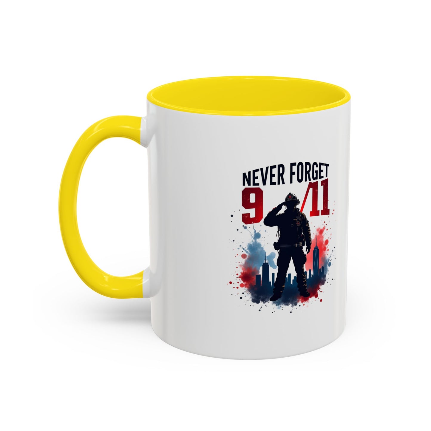 Never Forget 9/11 Accent Coffee Mug — Patriotic Memorial Tribute (11oz, 15oz)