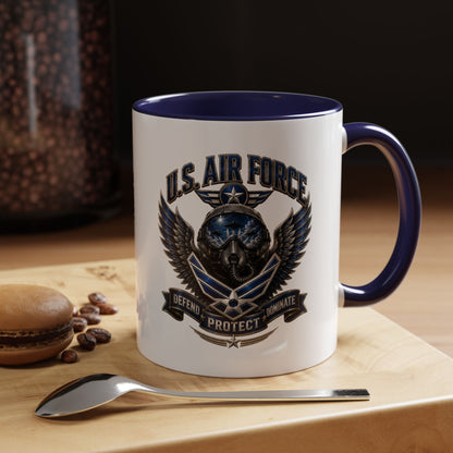 U.S. Air Force Emblem Accent Coffee Mug — Defend Protect Dominate (11/15oz)