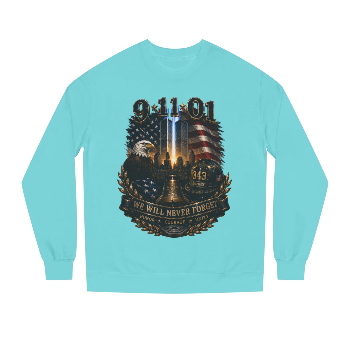 9/11 Remembrance Crewneck Sweatshirt — We Will Never Forget Memorial Tee