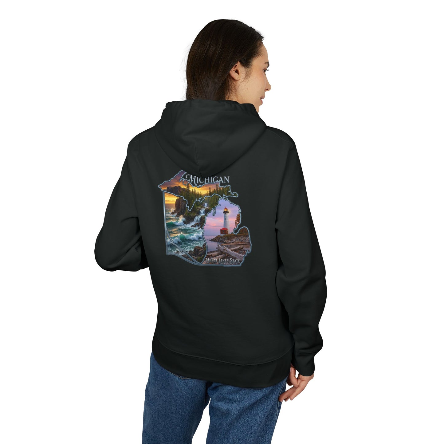 Michigan Lakeshore Hoodie — Scenic Lighthouse Sunset State Silhouette